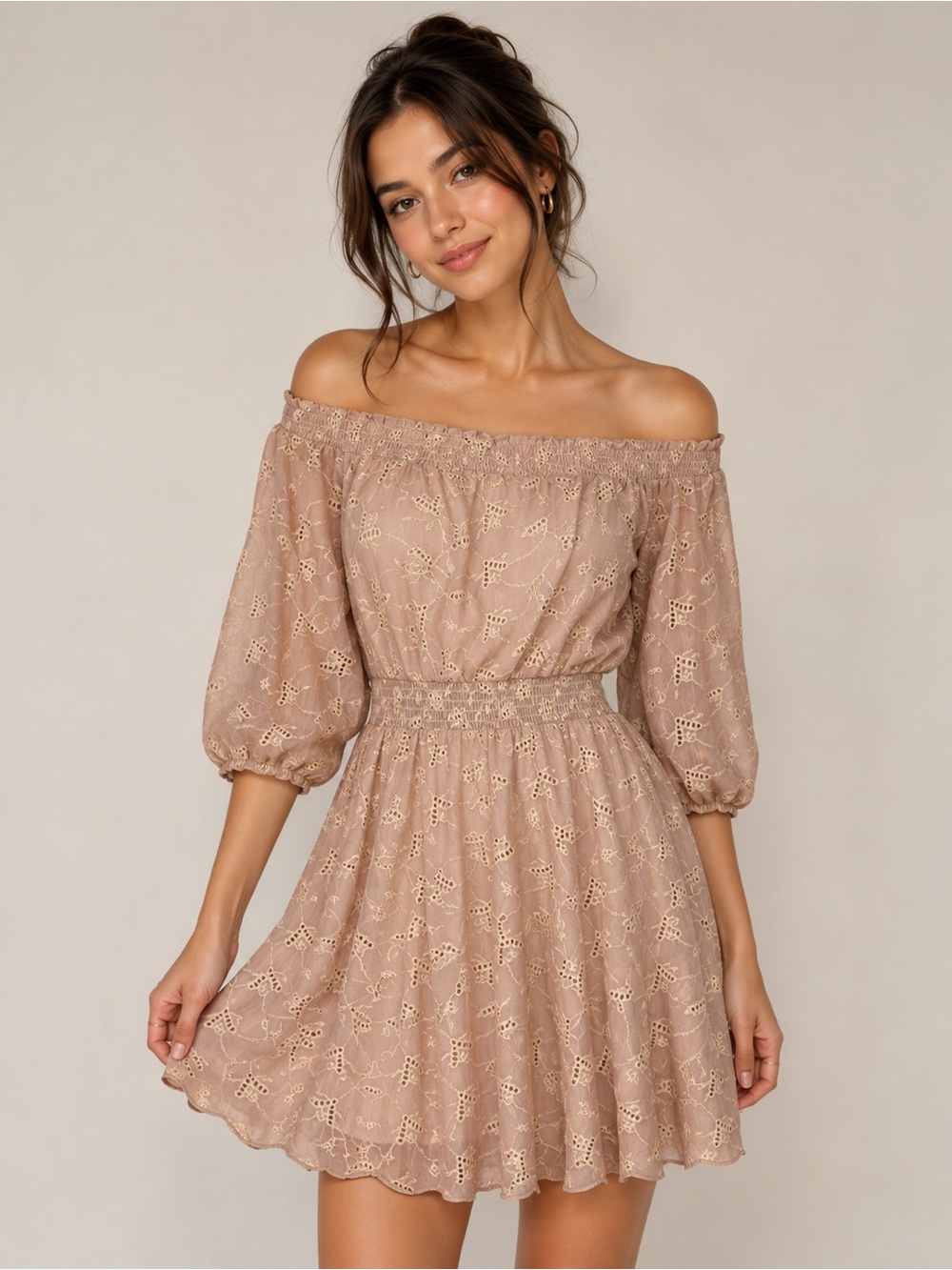 ASTR the Label Small Eyelet Boho Chic Off-Shoulder Dress